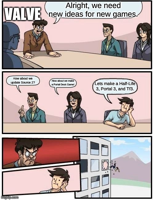 Seriously, Valve can't count to three. | Alright, we need new ideas for new games. VALVE; How about we update Source 2? How about we make a Portal Desk Game! Lets make a Half-Life 3, Portal 3, and Tf3. | image tagged in memes,boardroom meeting suggestion | made w/ Imgflip meme maker