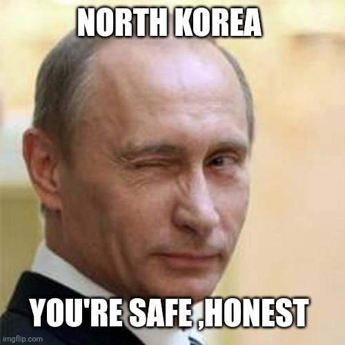 Putin Winking |  NORTH KOREA; YOU'RE SAFE ,HONEST | image tagged in putin winking | made w/ Imgflip meme maker