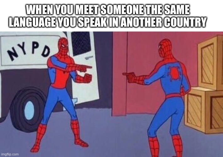 spiderman pointing at spiderman | WHEN YOU MEET SOMEONE THE SAME LANGUAGE YOU SPEAK IN ANOTHER COUNTRY | image tagged in spiderman pointing at spiderman | made w/ Imgflip meme maker