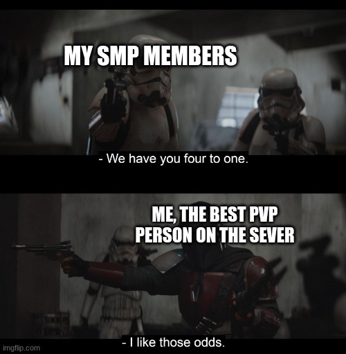 Lol, im not wrong | MY SMP MEMBERS; ME, THE BEST PVP PERSON ON THE SEVER | image tagged in mandalorian i like those odds | made w/ Imgflip meme maker