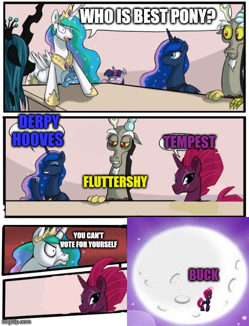 Bad six part5: Tempest Shadow | WHO IS BEST PONY? DERPY HOOVES; TEMPEST; FLUTTERSHY; YOU CAN'T VOTE FOR YOURSELF; BUCK | image tagged in pony boardroom meeting,tempest,mlp,to the moon | made w/ Imgflip meme maker