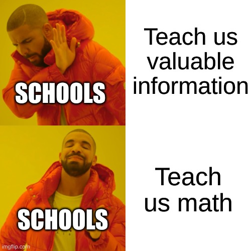 Useless school | Teach us valuable information; SCHOOLS; Teach us math; SCHOOLS | image tagged in memes,drake hotline bling | made w/ Imgflip meme maker