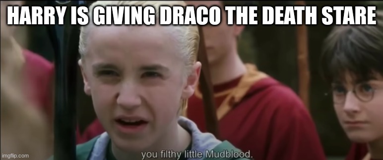 harry potter | HARRY IS GIVING DRACO THE DEATH STARE | image tagged in harry potter | made w/ Imgflip meme maker