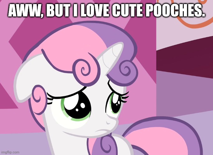 Sad Sweetie Belle (MLP) | AWW, BUT I LOVE CUTE POOCHES. | image tagged in sad sweetie belle mlp | made w/ Imgflip meme maker