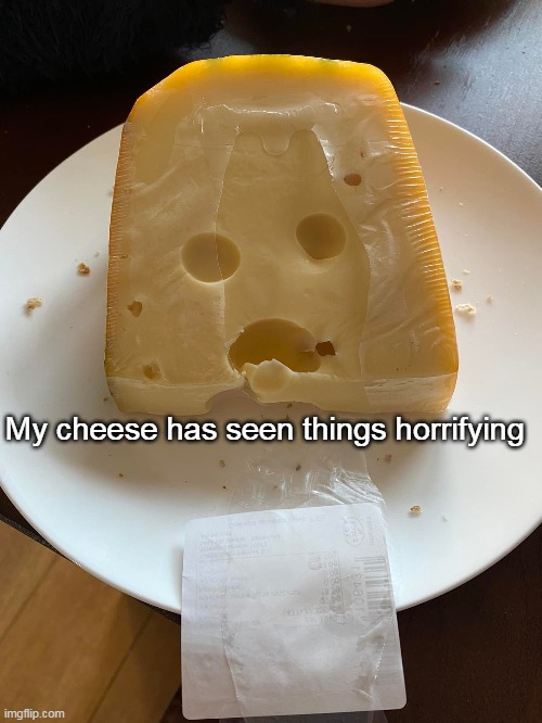 My cheese has seen things horrifying | image tagged in meme,memes,humor,cheese | made w/ Imgflip meme maker