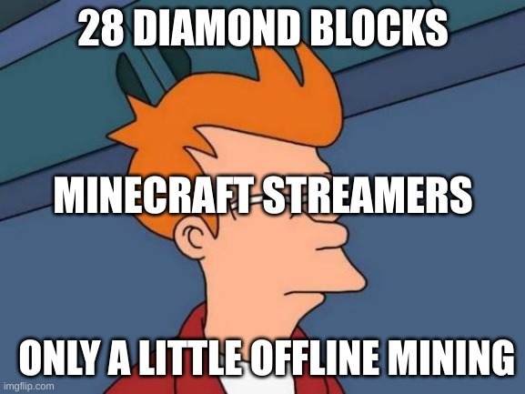 All Minecraft Streamers | 28 DIAMOND BLOCKS; MINECRAFT STREAMERS; ONLY A LITTLE OFFLINE MINING | image tagged in memes,futurama fry,lol | made w/ Imgflip meme maker