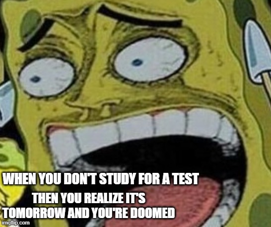 idk | WHEN YOU DON'T STUDY FOR A TEST; THEN YOU REALIZE IT'S TOMORROW AND YOU'RE DOOMED | image tagged in school,spongebob | made w/ Imgflip meme maker