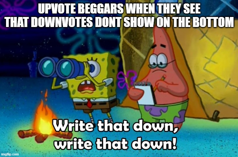 write that down | UPVOTE BEGGARS WHEN THEY SEE THAT DOWNVOTES DONT SHOW ON THE BOTTOM | image tagged in write that down | made w/ Imgflip meme maker