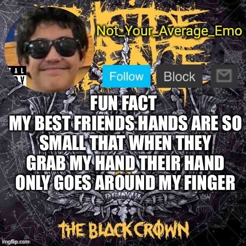 F | FUN FACT 
MY BEST FRIENDS HANDS ARE SO SMALL THAT WHEN THEY GRAB MY HAND THEIR HAND ONLY GOES AROUND MY FINGER | image tagged in f | made w/ Imgflip meme maker
