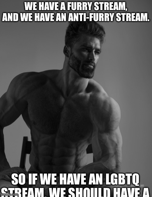 Giga Chad | WE HAVE A FURRY STREAM, AND WE HAVE AN ANTI-FURRY STREAM. SO IF WE HAVE AN LGBTQ STREAM, WE SHOULD HAVE A | image tagged in giga chad | made w/ Imgflip meme maker