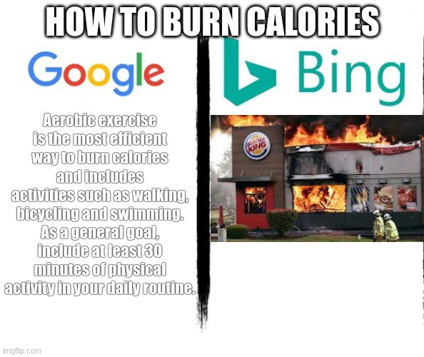 b u r n | HOW TO BURN CALORIES; Aerobic exercise is the most efficient way to burn calories and includes activities such as walking, bicycling and swimming. As a general goal, include at least 30 minutes of physical activity in your daily routine. | image tagged in google v bing,google,bing,burger king,calories,why are you reading this | made w/ Imgflip meme maker