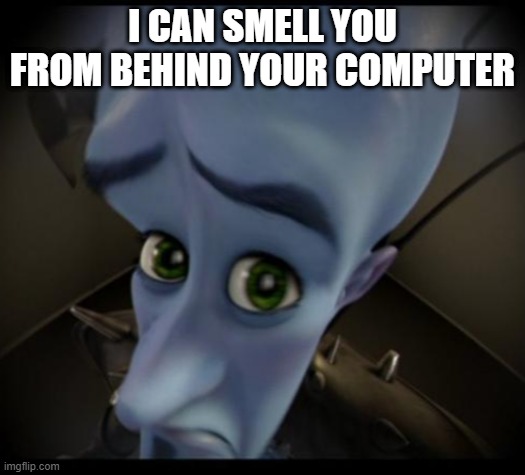 Megamind peeking | I CAN SMELL YOU FROM BEHIND YOUR COMPUTER | image tagged in hehehe | made w/ Imgflip meme maker
