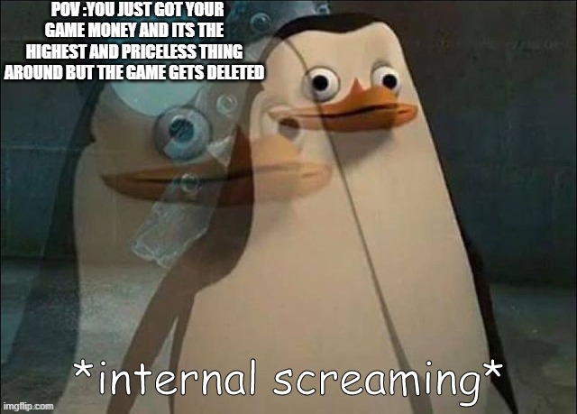 Private Internal Screaming | POV :YOU JUST GOT YOUR GAME MONEY AND ITS THE HIGHEST AND PRICELESS THING AROUND BUT THE GAME GETS DELETED | image tagged in private internal screaming | made w/ Imgflip meme maker