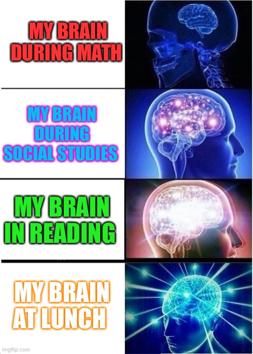 Sad | MY BRAIN DURING MATH; MY BRAIN DURING SOCIAL STUDIES; MY BRAIN IN READING; MY BRAIN AT LUNCH | image tagged in memes,expanding brain | made w/ Imgflip meme maker