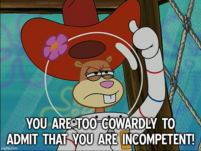 You are too cowardly to admit that you are incompetent! | YOU ARE TOO COWARDLY TO ADMIT THAT YOU ARE INCOMPETENT! | image tagged in sandy cheeks,memes,sandy cheeks cowboy hat,sandy cheeks spongebob,spongebob squarepants | made w/ Imgflip meme maker