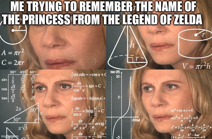 I can never remember | ME TRYING TO REMEMBER THE NAME OF THE PRINCESS FROM THE LEGEND OF ZELDA | image tagged in calculating meme | made w/ Imgflip meme maker