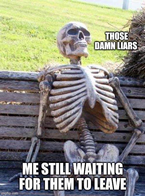 Waiting Skeleton Meme | THOSE DAMN LIARS ME STILL WAITING FOR THEM TO LEAVE | image tagged in memes,waiting skeleton | made w/ Imgflip meme maker