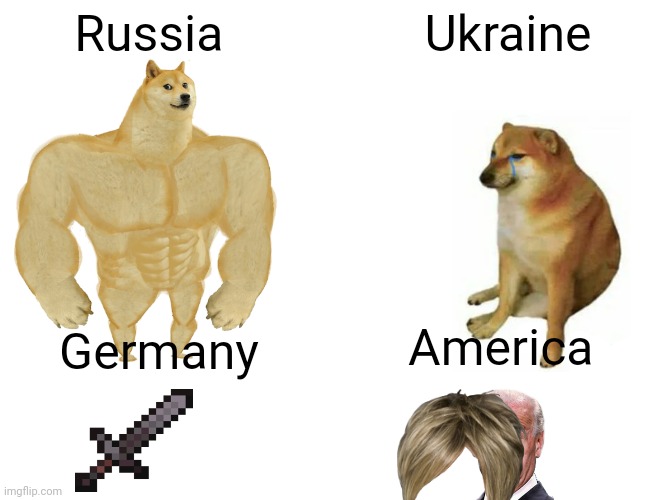 Buff Doge vs. Cheems | Russia; Ukraine; America; Germany | image tagged in memes,buff doge vs cheems | made w/ Imgflip meme maker