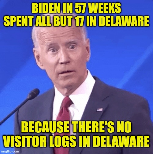 BIDEN IN 57 WEEKS SPENT ALL BUT 17 IN DELAWARE; BECAUSE THERE'S NO VISITOR LOGS IN DELAWARE | image tagged in joe biden | made w/ Imgflip meme maker