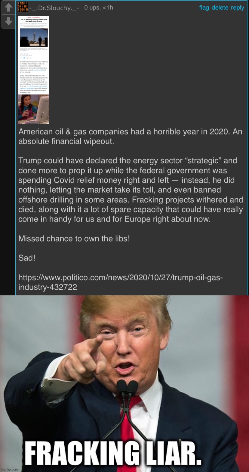 Tl;dr Donald Trump is a fracking liar. Sad! | image tagged in dr slouchy roast trump oil industry,fracking hilarious,fracking,oil,gas,donald trump | made w/ Imgflip meme maker
