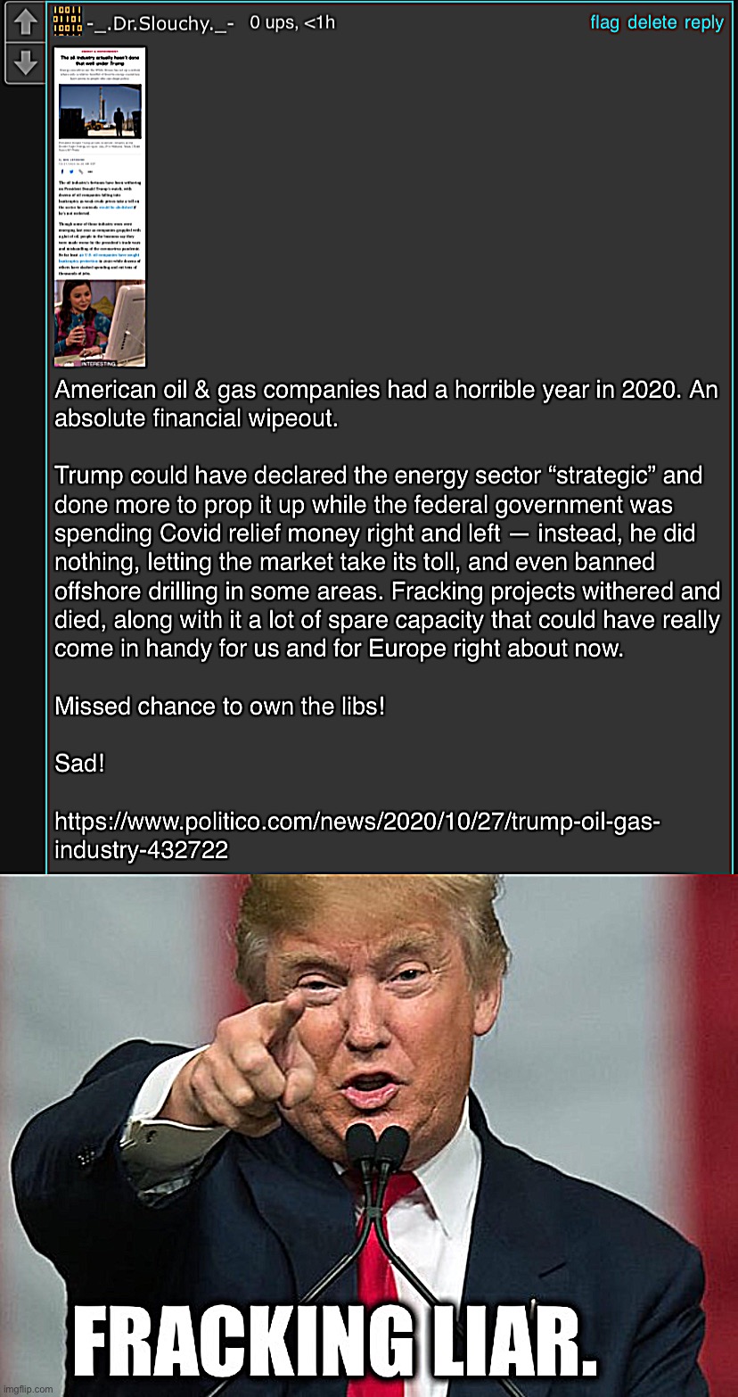 Tl;dr Donald Trump is a _______ ____ | image tagged in dr slouchy roast trump oil industry,fracking hilarious | made w/ Imgflip meme maker