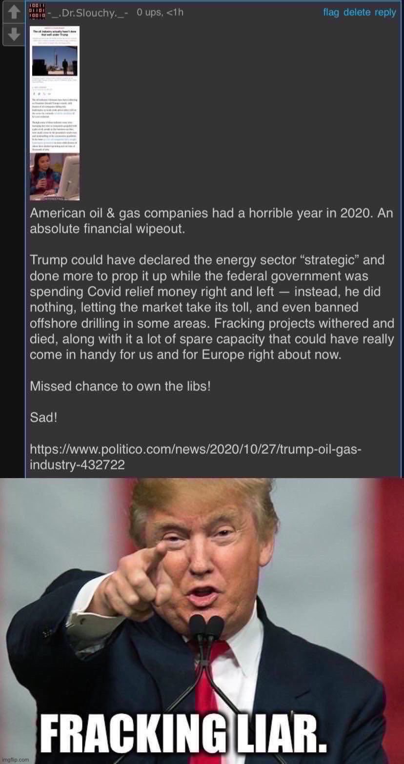 Tl;dr Donald Trump is a fracking liar. Sad! | image tagged in dr slouchy roast trump oil industry,fracking hilarious | made w/ Imgflip meme maker