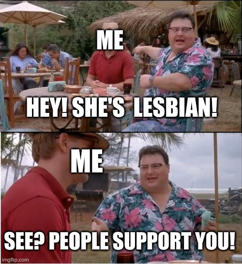 See Nobody Cares | ME; HEY! SHE'S  LESBIAN! ME; SEE? PEOPLE SUPPORT YOU! | image tagged in memes,see nobody cares | made w/ Imgflip meme maker