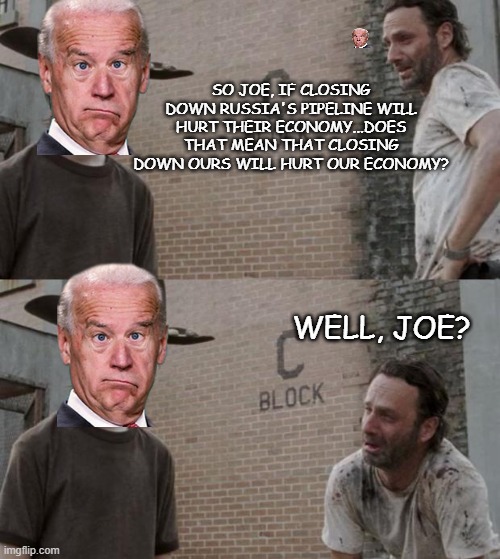 Rick and Carl | SO JOE, IF CLOSING DOWN RUSSIA'S PIPELINE WILL HURT THEIR ECONOMY...DOES THAT MEAN THAT CLOSING DOWN OURS WILL HURT OUR ECONOMY? WELL, JOE? | image tagged in memes,rick and carl | made w/ Imgflip meme maker
