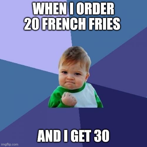 French fries cool | WHEN I ORDER 20 FRENCH FRIES; AND I GET 30 | image tagged in memes,success kid | made w/ Imgflip meme maker