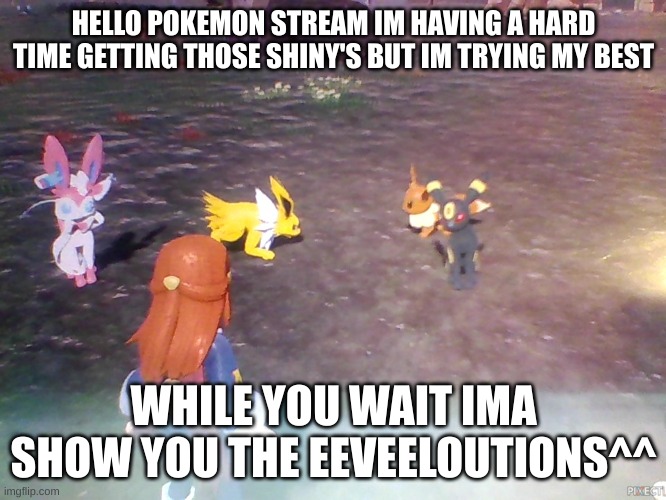 HELLO POKEMON STREAM IM HAVING A HARD TIME GETTING THOSE SHINY'S BUT IM TRYING MY BEST; WHILE YOU WAIT IMA SHOW YOU THE EEVEELOUTIONS^^ | made w/ Imgflip meme maker