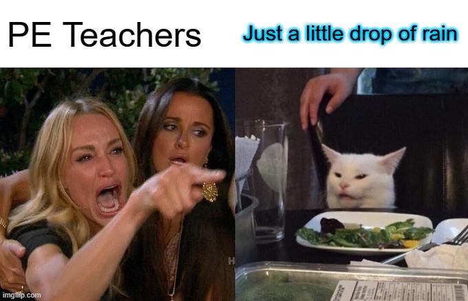 PE Teachers when they see rain | PE Teachers; Just a little drop of rain | image tagged in memes,woman yelling at cat,school meme | made w/ Imgflip meme maker