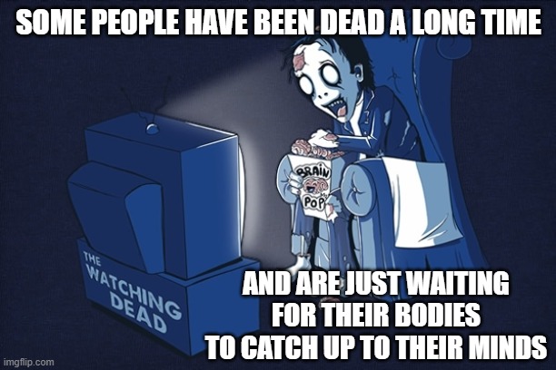 SOME PEOPLE HAVE BEEN DEAD A LONG TIME AND ARE JUST WAITING
FOR THEIR BODIES
TO CATCH UP TO THEIR MINDS | made w/ Imgflip meme maker