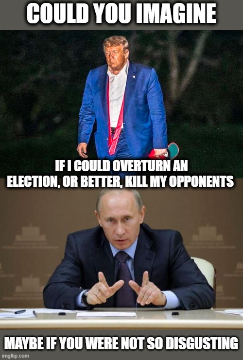 COULD YOU IMAGINE; IF I COULD OVERTURN AN ELECTION, OR BETTER, KILL MY OPPONENTS; MAYBE IF YOU WERE NOT SO DISGUSTING | image tagged in defeated trump meme,memes,vladimir putin,trump is a scumbag,politics | made w/ Imgflip meme maker