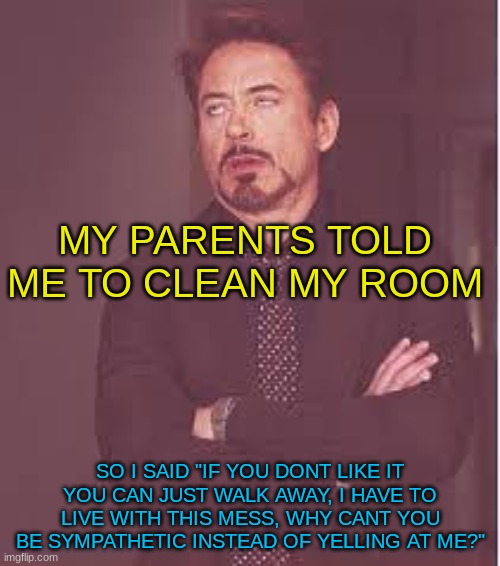 ugh | MY PARENTS TOLD ME TO CLEAN MY ROOM; SO I SAID "IF YOU DONT LIKE IT YOU CAN JUST WALK AWAY, I HAVE TO LIVE WITH THIS MESS, WHY CANT YOU BE SYMPATHETIC INSTEAD OF YELLING AT ME?" | image tagged in tony stark | made w/ Imgflip meme maker