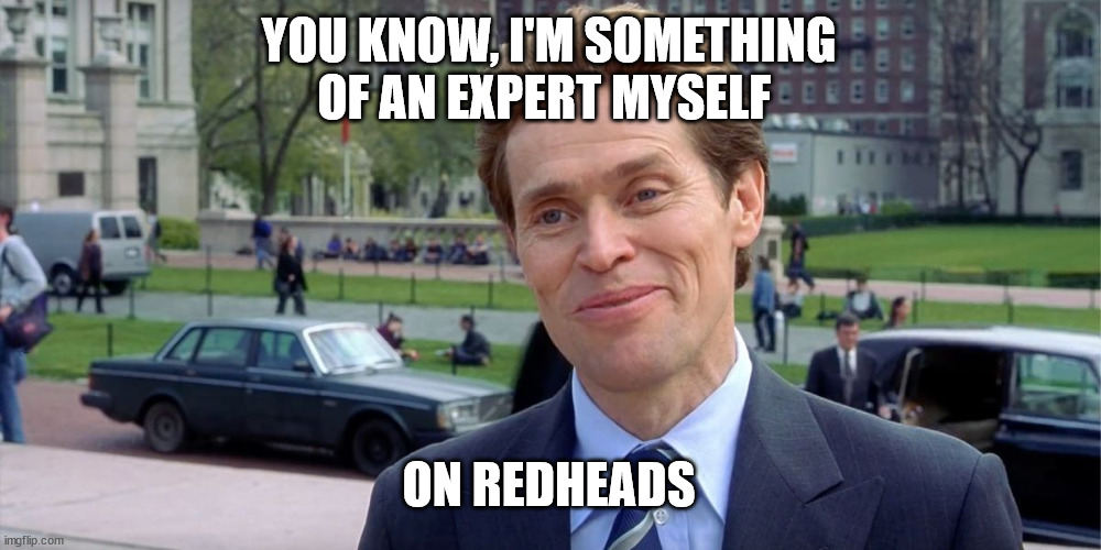 You know, I'm something of a scientist myself | YOU KNOW, I'M SOMETHING OF AN EXPERT MYSELF; ON REDHEADS | image tagged in you know i'm something of a scientist myself | made w/ Imgflip meme maker
