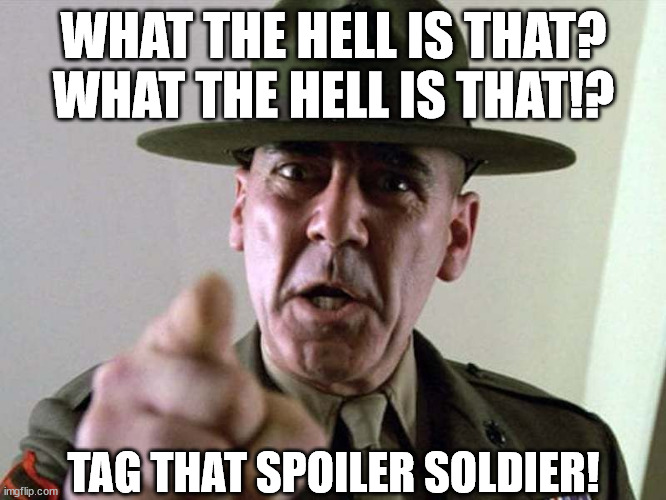 Tag that spoiler soldier! | WHAT THE HELL IS THAT? WHAT THE HELL IS THAT!? TAG THAT SPOILER SOLDIER! | image tagged in gunny ermey r lee ermey usmc | made w/ Imgflip meme maker