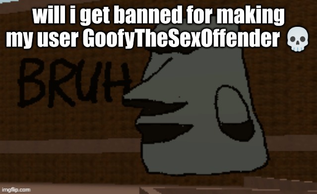 Bruh | will i get banned for making my user GoofyTheSexOffender 💀 | image tagged in bruh | made w/ Imgflip meme maker