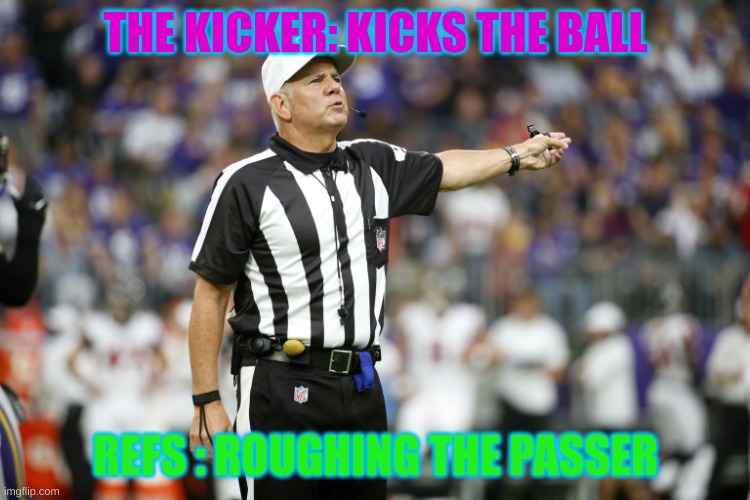 ref meme | THE KICKER: KICKS THE BALL; REFS : ROUGHING THE PASSER | image tagged in ref | made w/ Imgflip meme maker