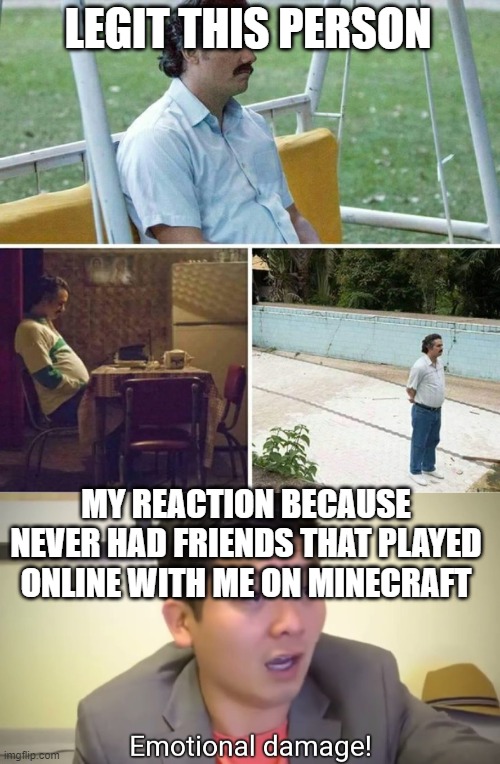 LEGIT THIS PERSON MY REACTION BECAUSE NEVER HAD FRIENDS THAT PLAYED ONLINE WITH ME ON MINECRAFT | image tagged in forever alone,emotional damage | made w/ Imgflip meme maker