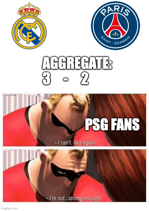 Real Madrid won | AGGREGATE: 3     -     2; PSG FANS | image tagged in i can't not again i'm not strong enough | made w/ Imgflip meme maker