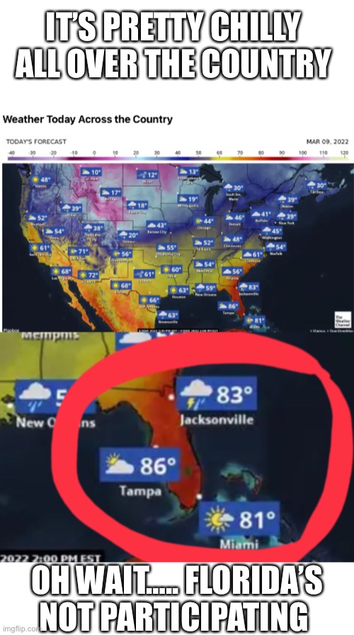 Only in Florida | IT’S PRETTY CHILLY ALL OVER THE COUNTRY; OH WAIT….. FLORIDA’S NOT PARTICIPATING | image tagged in weather | made w/ Imgflip meme maker