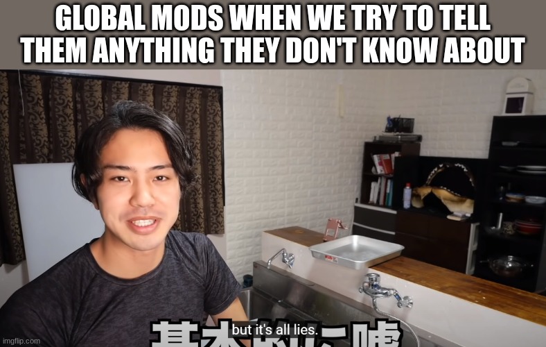 But It's All Lies | GLOBAL MODS WHEN WE TRY TO TELL THEM ANYTHING THEY DON'T KNOW ABOUT | image tagged in but it's all lies | made w/ Imgflip meme maker