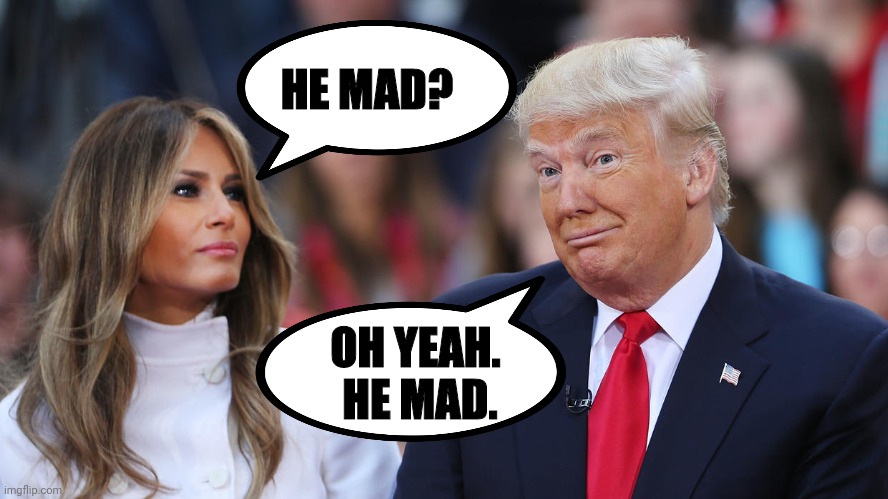 Donald and Melania Trump | HE MAD? OH YEAH.  HE MAD. | image tagged in donald and melania trump | made w/ Imgflip meme maker
