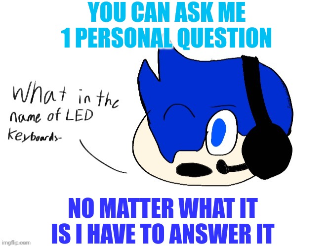 What in the name of LED keyboards- | YOU CAN ASK ME 1 PERSONAL QUESTION; NO MATTER WHAT IT IS I HAVE TO ANSWER IT | image tagged in what in the name of led keyboards- | made w/ Imgflip meme maker