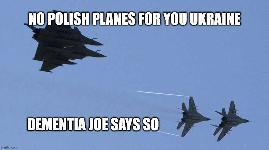 No planes for Ukraine... | NO POLISH PLANES FOR YOU UKRAINE; DEMENTIA JOE SAYS SO | image tagged in dementia,joe biden,no | made w/ Imgflip meme maker