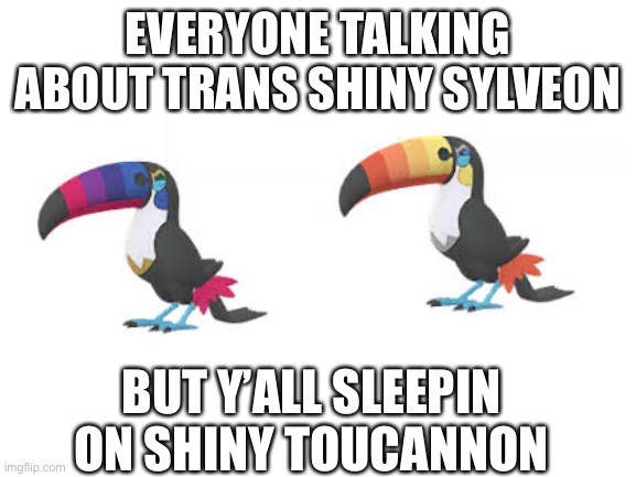Bi flags??? Is that you?? | EVERYONE TALKING ABOUT TRANS SHINY SYLVEON; BUT Y’ALL SLEEPIN ON SHINY TOUCANNON | made w/ Imgflip meme maker