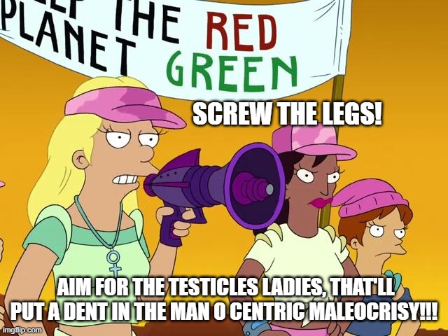 SCREW THE LEGS! AIM FOR THE TESTICLES LADIES, THAT'LL PUT A DENT IN THE MAN O CENTRIC MALEOCRISY!!! | made w/ Imgflip meme maker