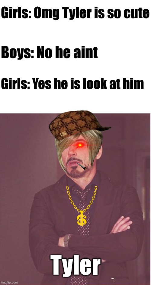 Tyler | Girls: Omg Tyler is so cute; Boys: No he aint; Girls: Yes he is look at him; Tyler | image tagged in blank white template,memes,face you make robert downey jr | made w/ Imgflip meme maker