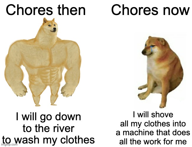 why is it even a chore if youre doing pretty much nothing | Chores then; Chores now; I will go down to the river to wash my clothes; I will shove all my clothes into a machine that does all the work for me | image tagged in memes,buff doge vs cheems | made w/ Imgflip meme maker
