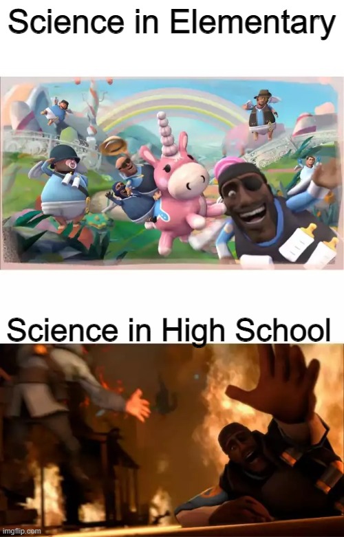 Pyrovision |  Science in Elementary; Science in High School | image tagged in pyrovision,funny memes,school,science,high school,relatable | made w/ Imgflip meme maker
